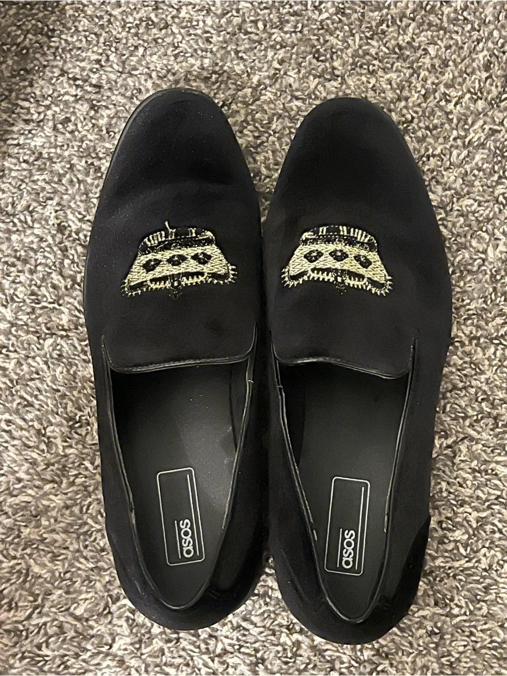 ASOS Black Velvet Loafers with Gold Crown Embroidery
